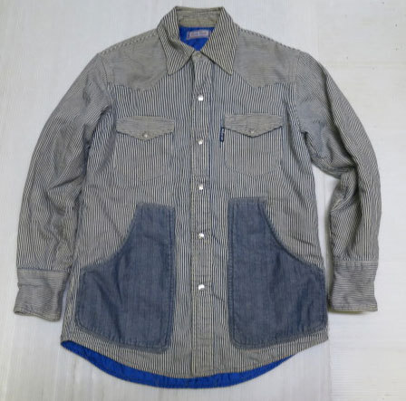UDJ29ハリウッドランチマーケットHRMブルーブルーBLUE BLUE古着アメリカ製ヒッコリー紺x白シャツ薄中綿入りジャケットGジャン オールド拍卖