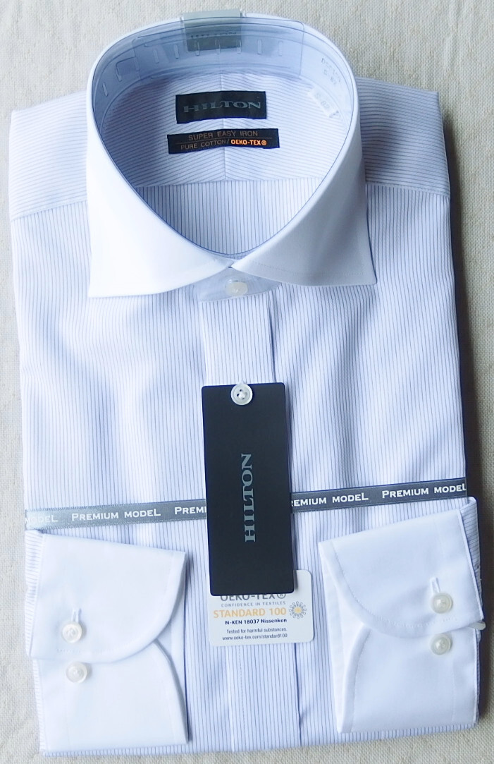 ■新品 HILTON クレリック綿100%ホリゾンタル 光沢カルゼ白/紫ストライプ S37-82 ① /2410拍卖