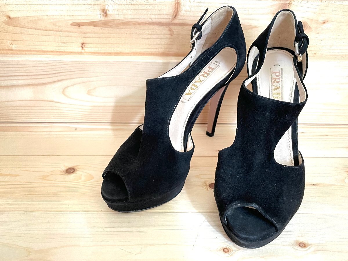 ■本物 美品 PRADA プラダ ハイヒール パンプス オープントゥ ブラック スェード サイズ 35 1/2 ヒール約11cm★拍卖