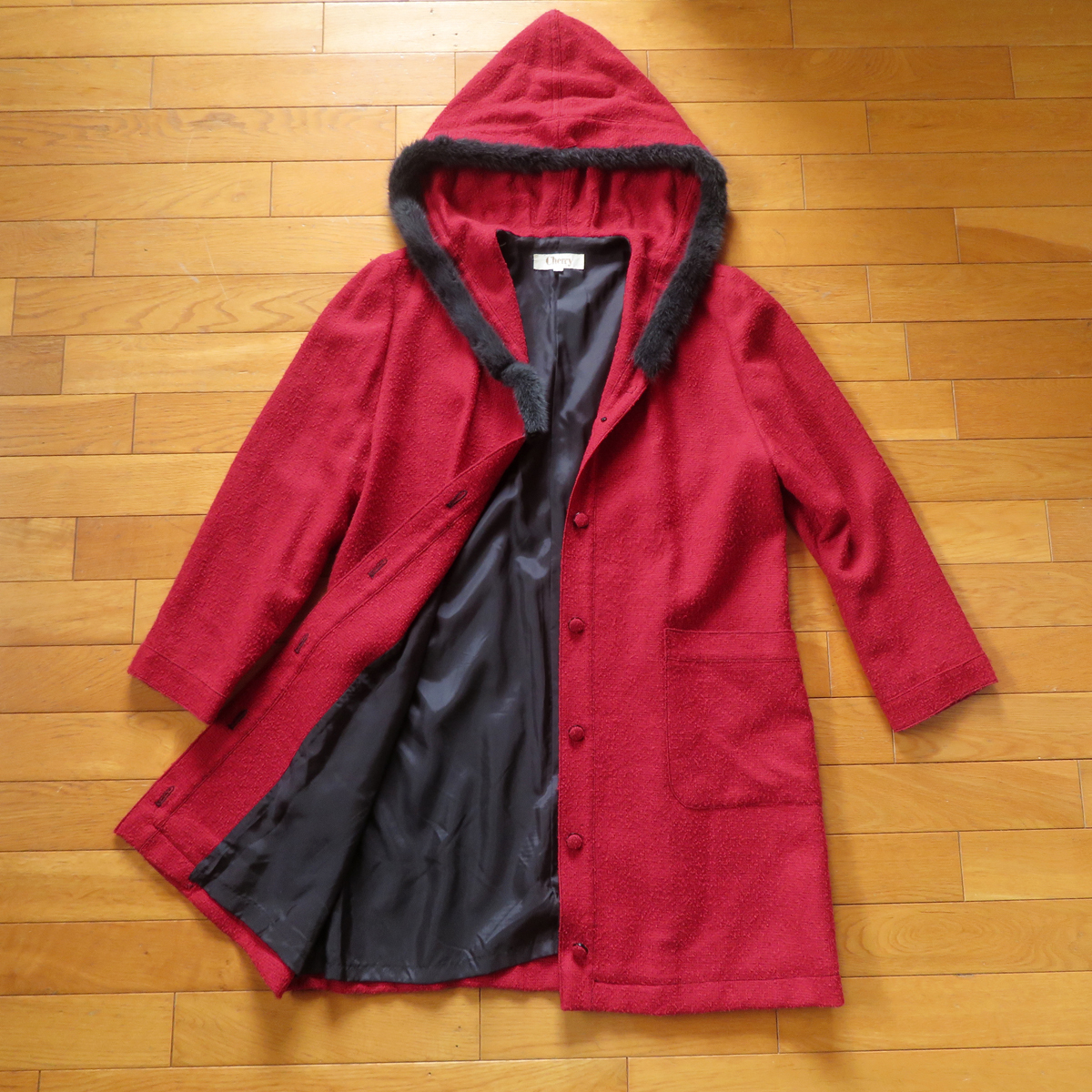 チェリーCHERRY コート フード ウール アルパカ混 ★ Size 38 (M~L) ★ レッド レディース 日本製 ファー ワイン ダッフル拍卖