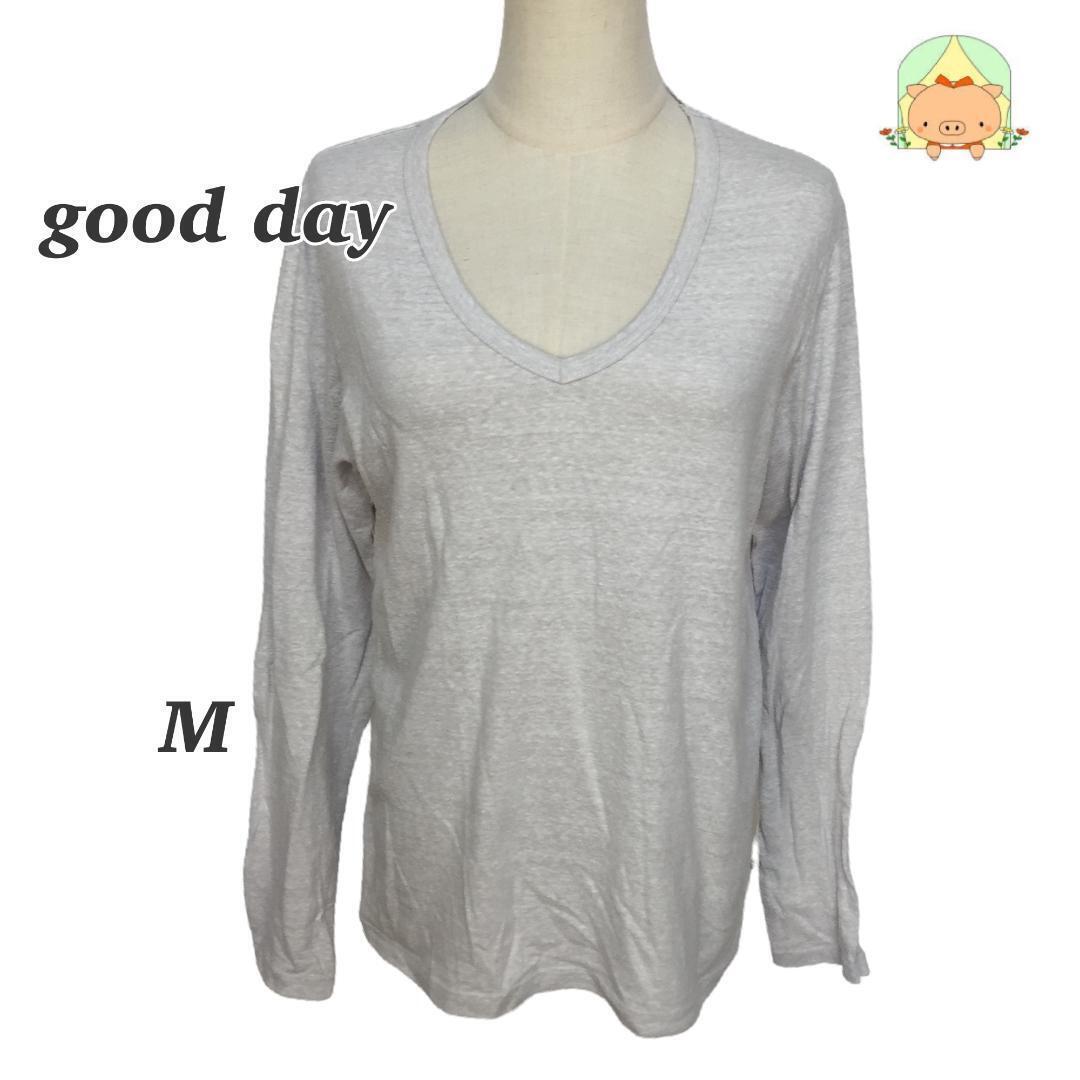 C0881 グッデイ Uネック シンプル 重ね着 グレー 【Mサイズ】 長袖 Tシャツ拍卖