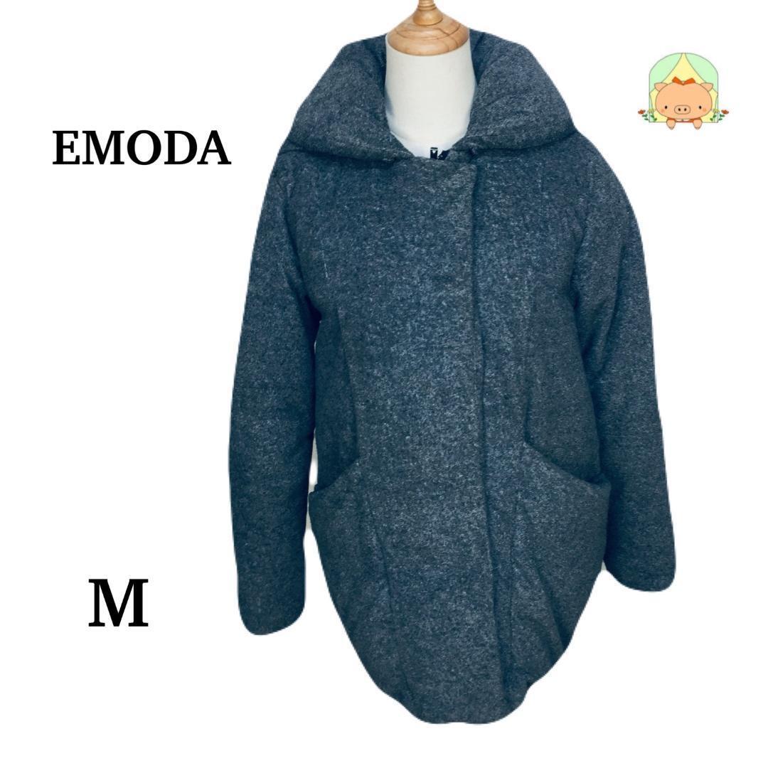 C0718 ④エモダ フード ポケット グレー ミドル丈 シンプル コート ジャケット 防寒 【M】拍卖
