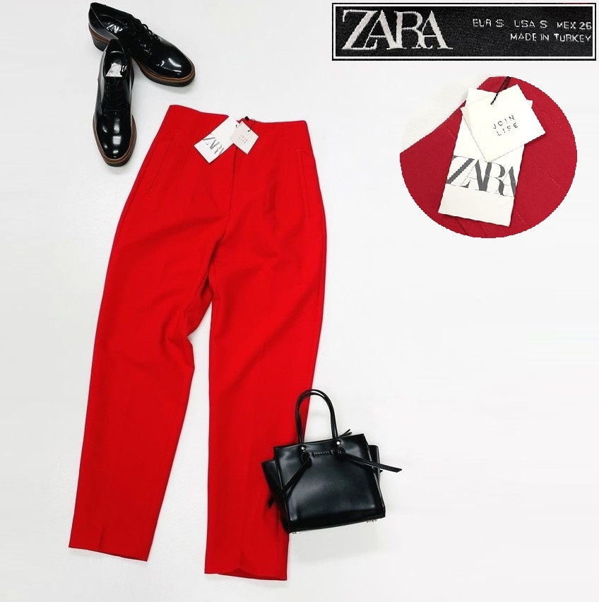 /S/ ZARA レッド テーパードパンツ レディース タグ カジュアル ボトム 通勤 フェミニン 大人可愛い ストレッチ デイリー ザラ拍卖