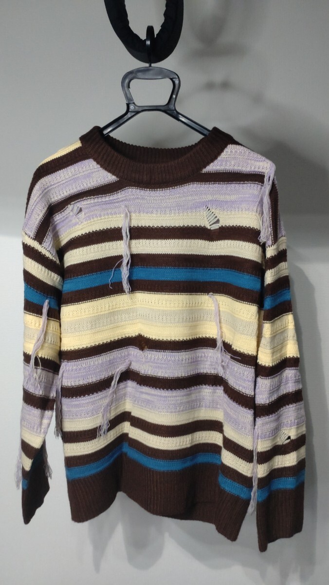 Vihana セーター カップル ニット 秋冬 長袖 カジュアル ストレッチ カットソー かっこいい クルーネック ボーダー柄 ダメージ加工拍卖