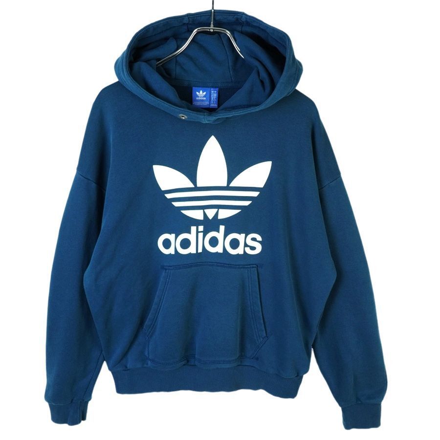 アディダスオリジナルスAdidasoriginalsプルオーバーパーカーフーディトレフォイルロゴ裏地パイル青ブルー白ホワイトデカロゴプリント40312拍卖