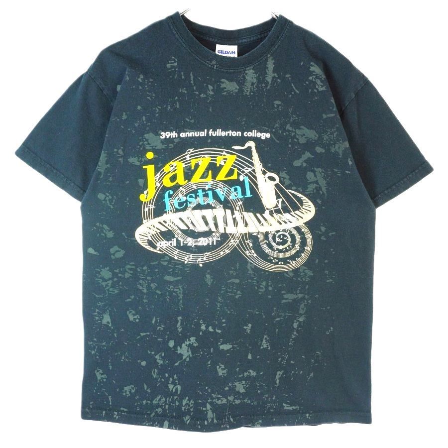 ギルダンGildan半袖TシャツJAZZFESTIVALジャズフェスティバル楽器ピアノ鍵盤サックス音符ミュージック五線譜タイダイ染め風ブラック黒40319拍卖