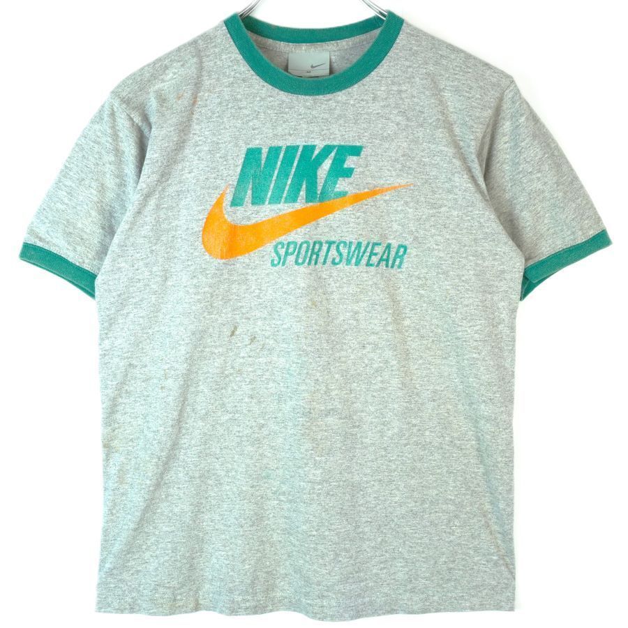 ナイキNikeリンガーTシャツトリムTスウッシュロゴプリント杢グレー灰色グリーン緑オレンジスポーツvintageヴィンテージ40320拍卖
