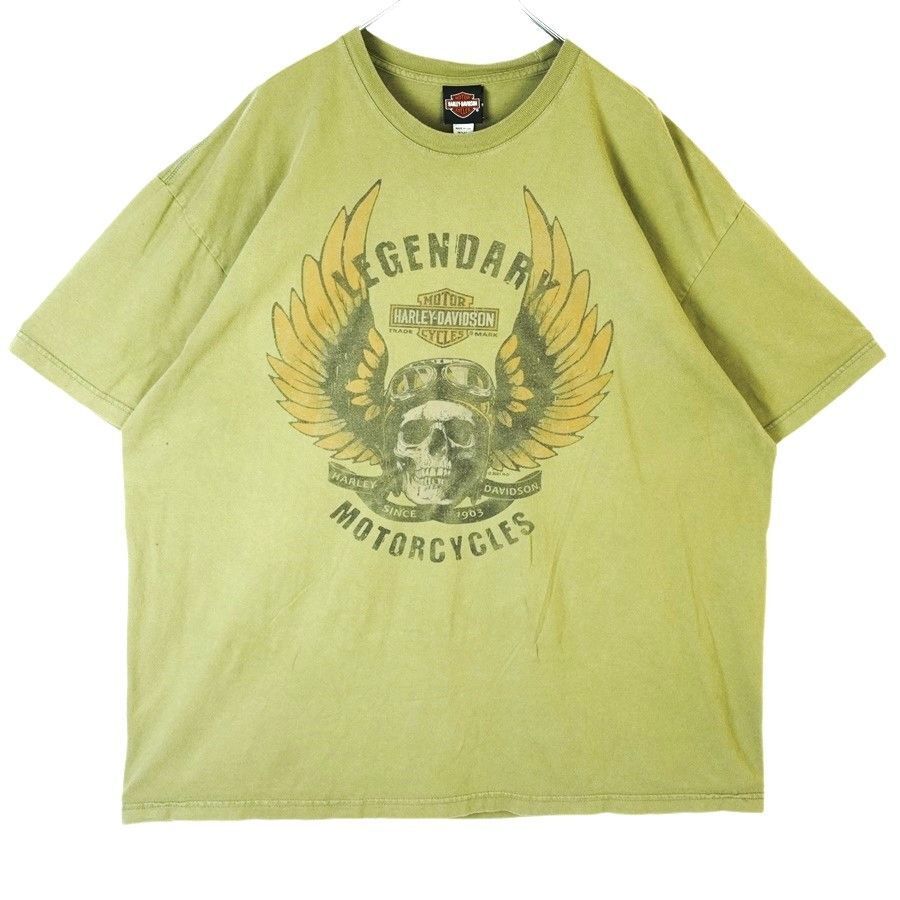 ビッグサイズ!3XL!ハーレーダビッドソンHarley Davidson半袖TシャツバイクTモーターサイクルBIKE両面プリント骸骨どくろ緑50401拍卖