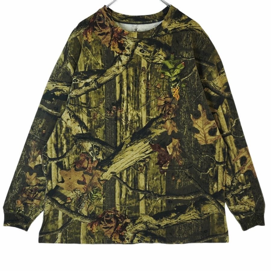 ブロウニングBrowning長袖TシャツロンTリアルツリーカモフラージュ迷彩BREAK-UP総柄ロゴ刺繍ブラウン茶色ハンティングアウトドア40404拍卖