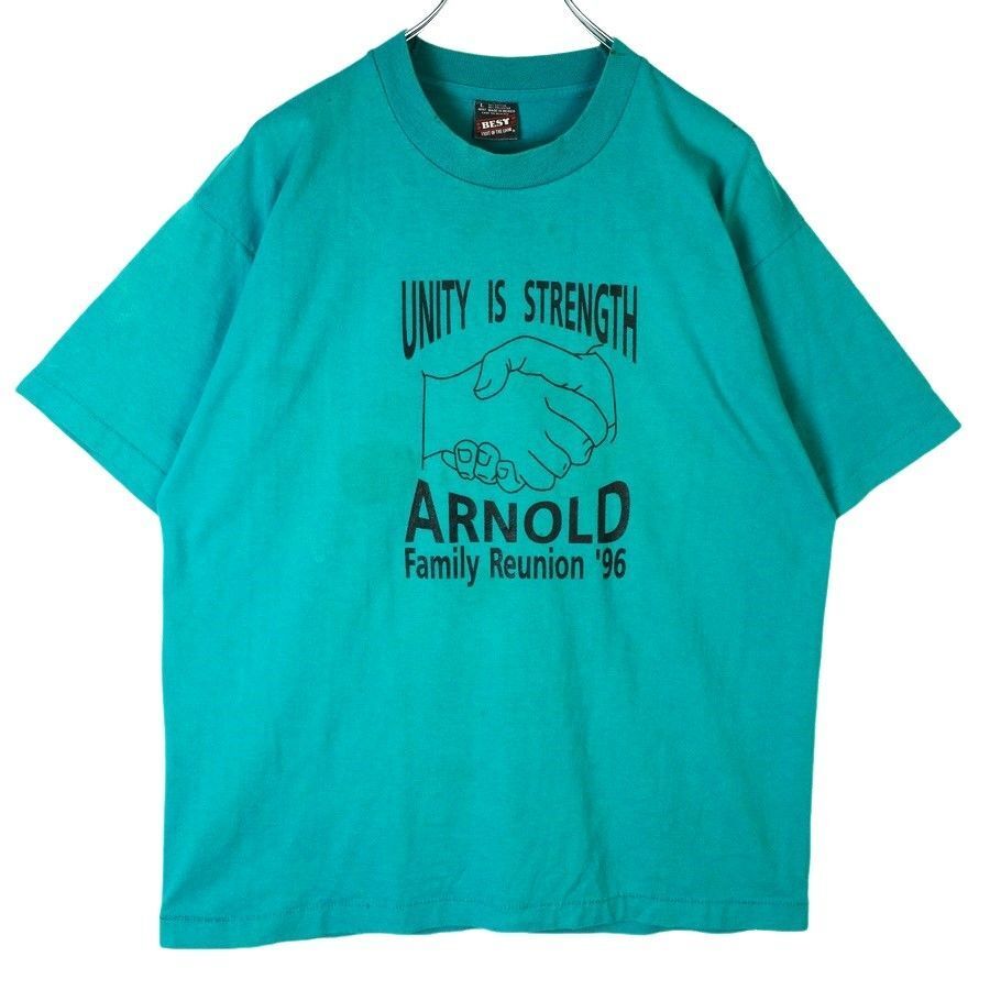 90sフルーツオブザルームFRUITOFTHEROOM Best半袖Tシャツ青緑エメラルドグリーン黒ブラック英字握手vintageヴィンテージ40328拍卖