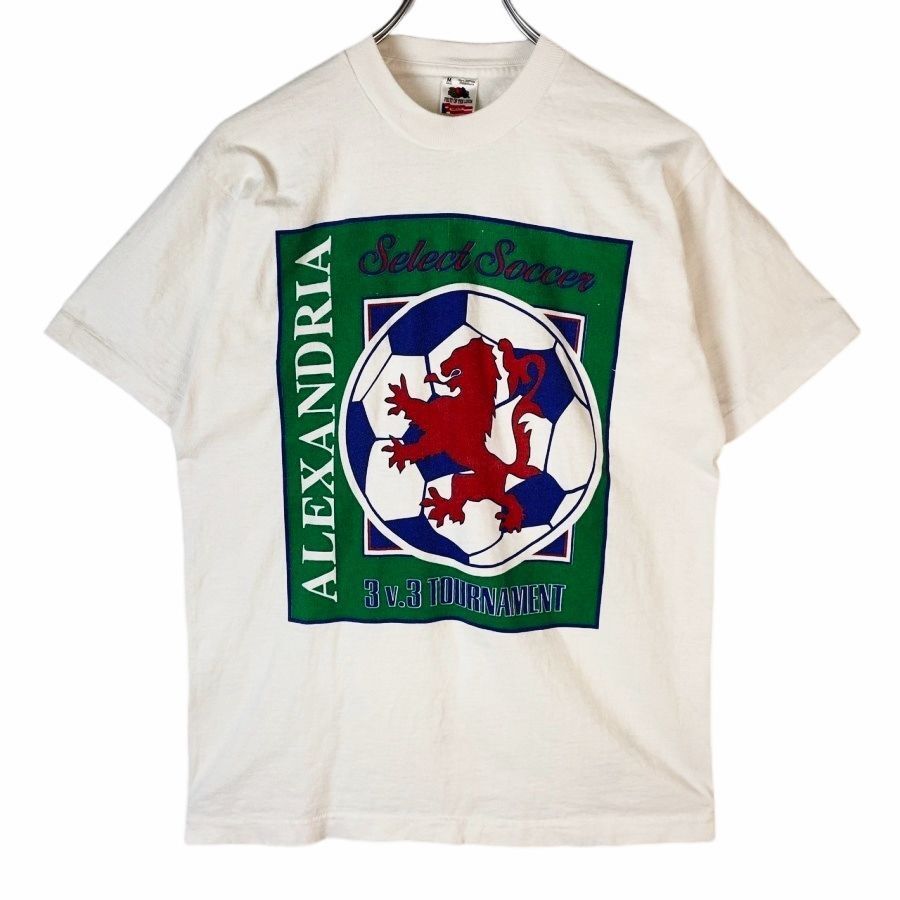 90sUSA製フルーツオブザルームFruit of the loom半袖Tシャツsoccerサッカー袖シングルステッチALEXANDRIA白ホワイト緑グリーン40621拍卖