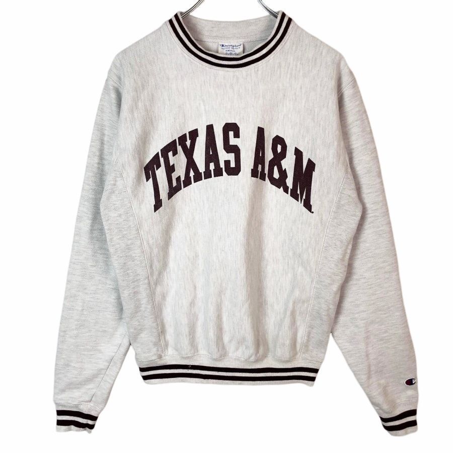 チャンピオンリバースウィーブChampionREVERSEWEVEカレッジ系リブラインスウェットトレーナー杢グレー灰色TEXAS A&M袖ロゴワッペン40628拍卖