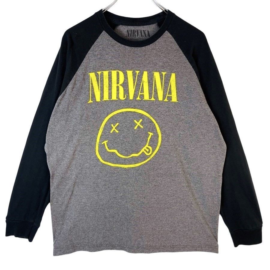 ニルヴァーナNirvana長袖ラグランTシャツロンTバンドTバンTアーティストTロックTニコちゃんマークスマイリー杢グレー灰色ブラック40628拍卖