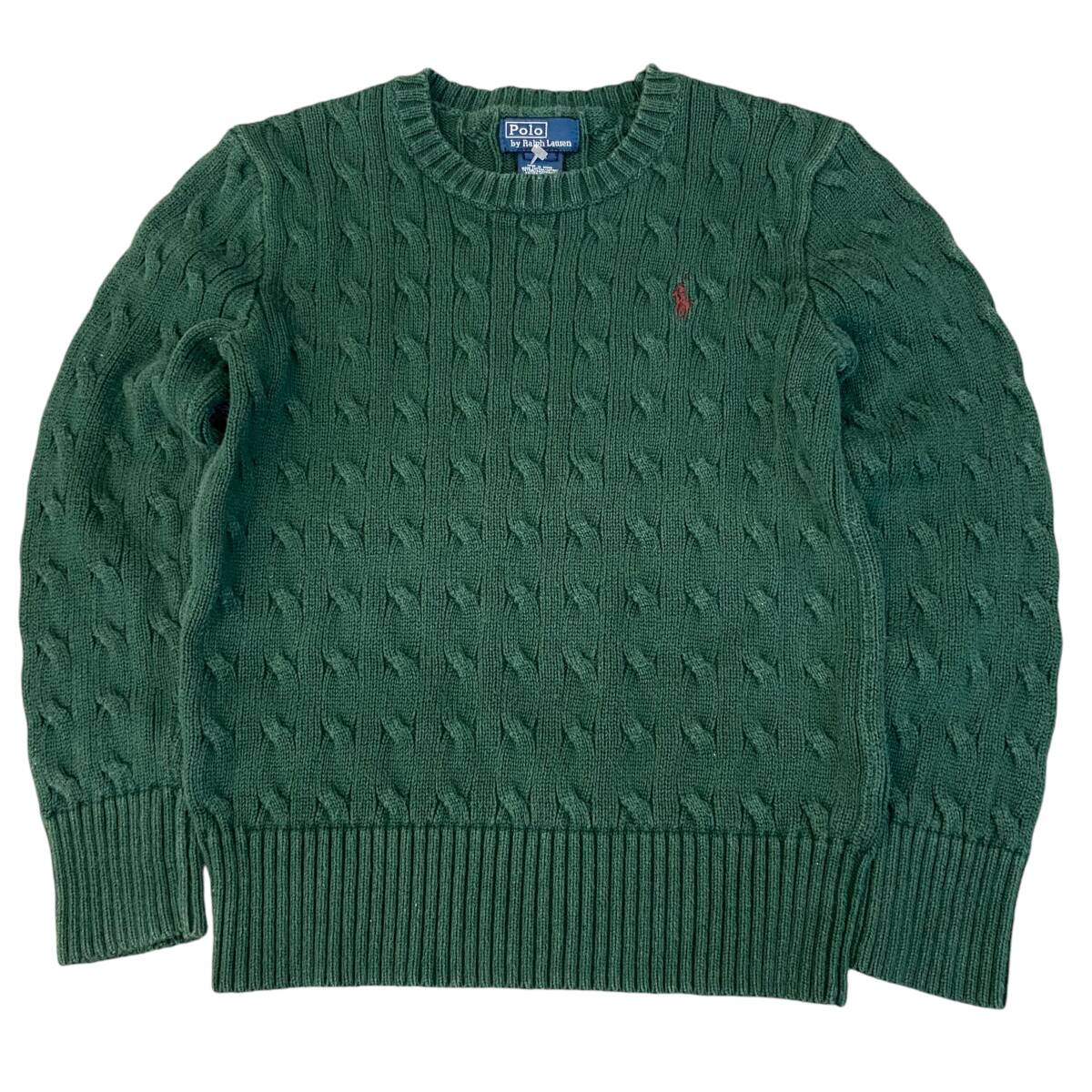 Kids Polo by Ralph Lauren コットン ニット セーター S(8) グリーン 130cm 程度 ポロ ラルフローレン ケーブル編み クルーネック キッズ 拍卖