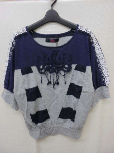 【KCM】sta-571-M★未使用品★【HISUI/ヒスイ】半袖 カットソー プルオーバー 肩透かし編み グレー×ネイビー×ホワイト M拍卖