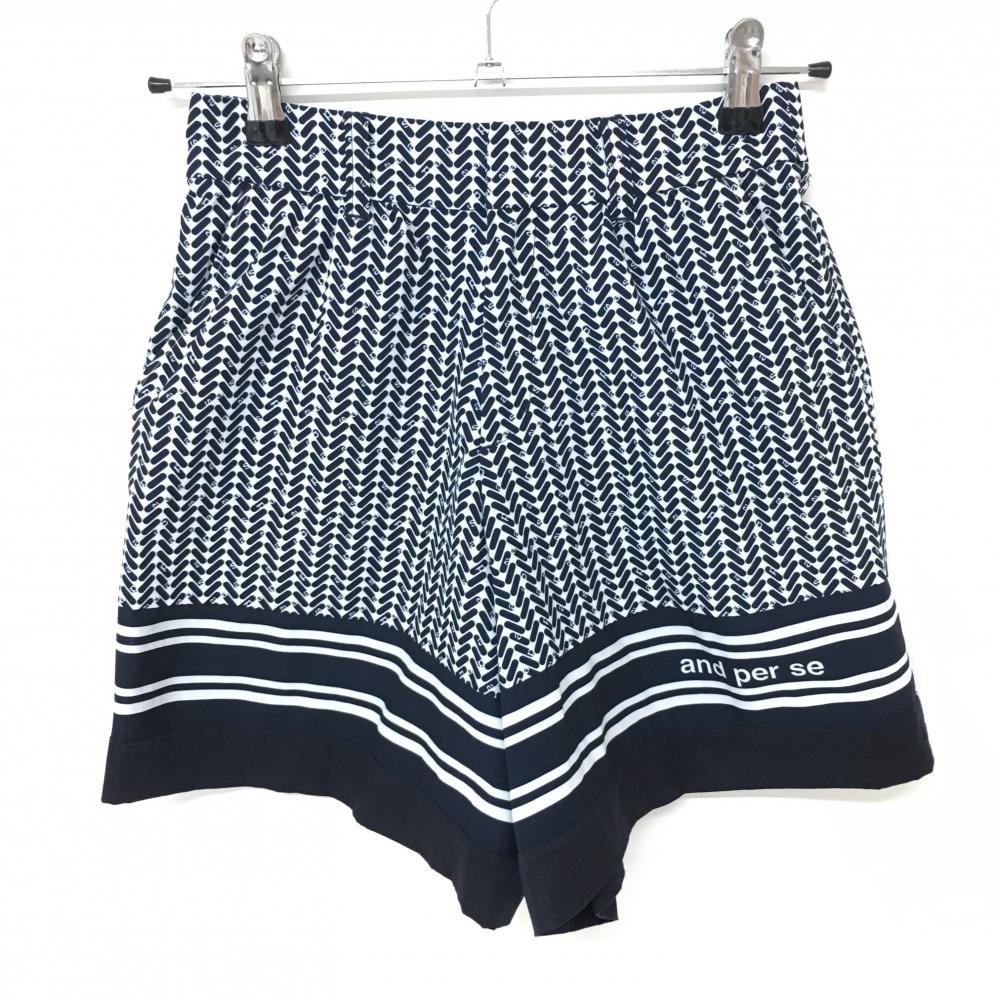 【美品】アンパスィ キュロットスカート 白×ネイビー 総柄 レディース S ゴルフウェア and per se拍卖