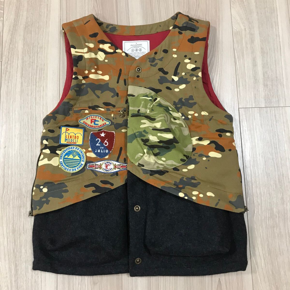 NATAL DESIGN LAYERED VEST FICOUTUREネイタルデザイン レイヤード ベスト ジレ フィクチュール ジャケット ワッペン カモフラ ウール 迷彩拍卖