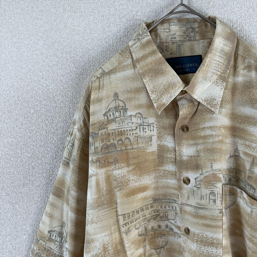 Alex Dock ベージュ 建物柄シャツ 長袖 レーヨン XLメンズ P3拍卖