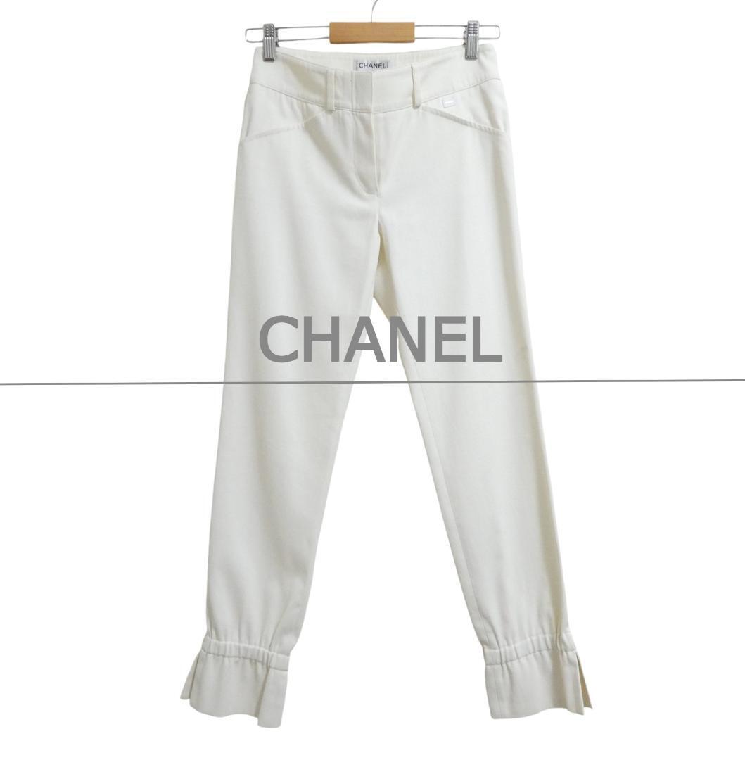 CHANEL シャネル 05P P26105 サイズ34 プレートロゴ ストレッチ 裾フリル テーパード パンツ オフホワイト拍卖