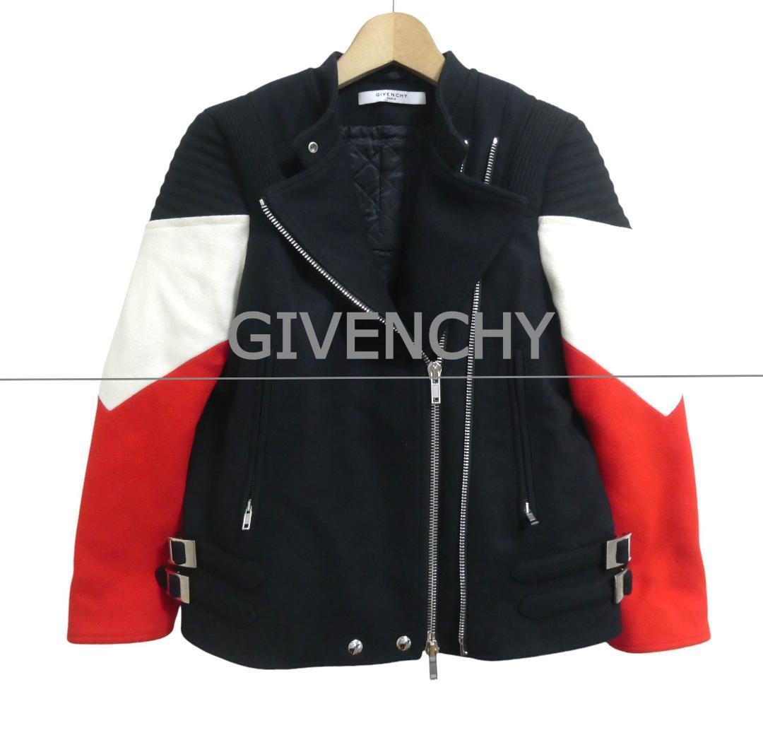 美品 GIVENCHY ジバンシィ サイズ38 裏地キルティング メルトン バンドカラー ダブルブレスト ライダースジャケット ブルゾン マルチカラー拍卖