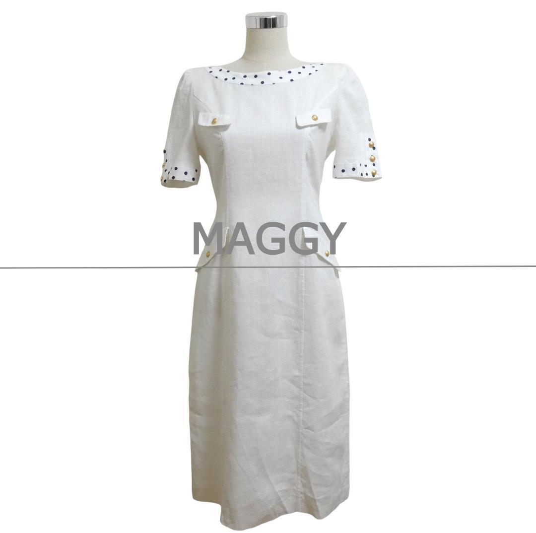 美品 GINZA MAGGY 銀座マギー サイズ36 麻 リネン100% ドット柄 前後2WAY ロング 半袖 シャツワンピース ロングワンピース ホワイト拍卖