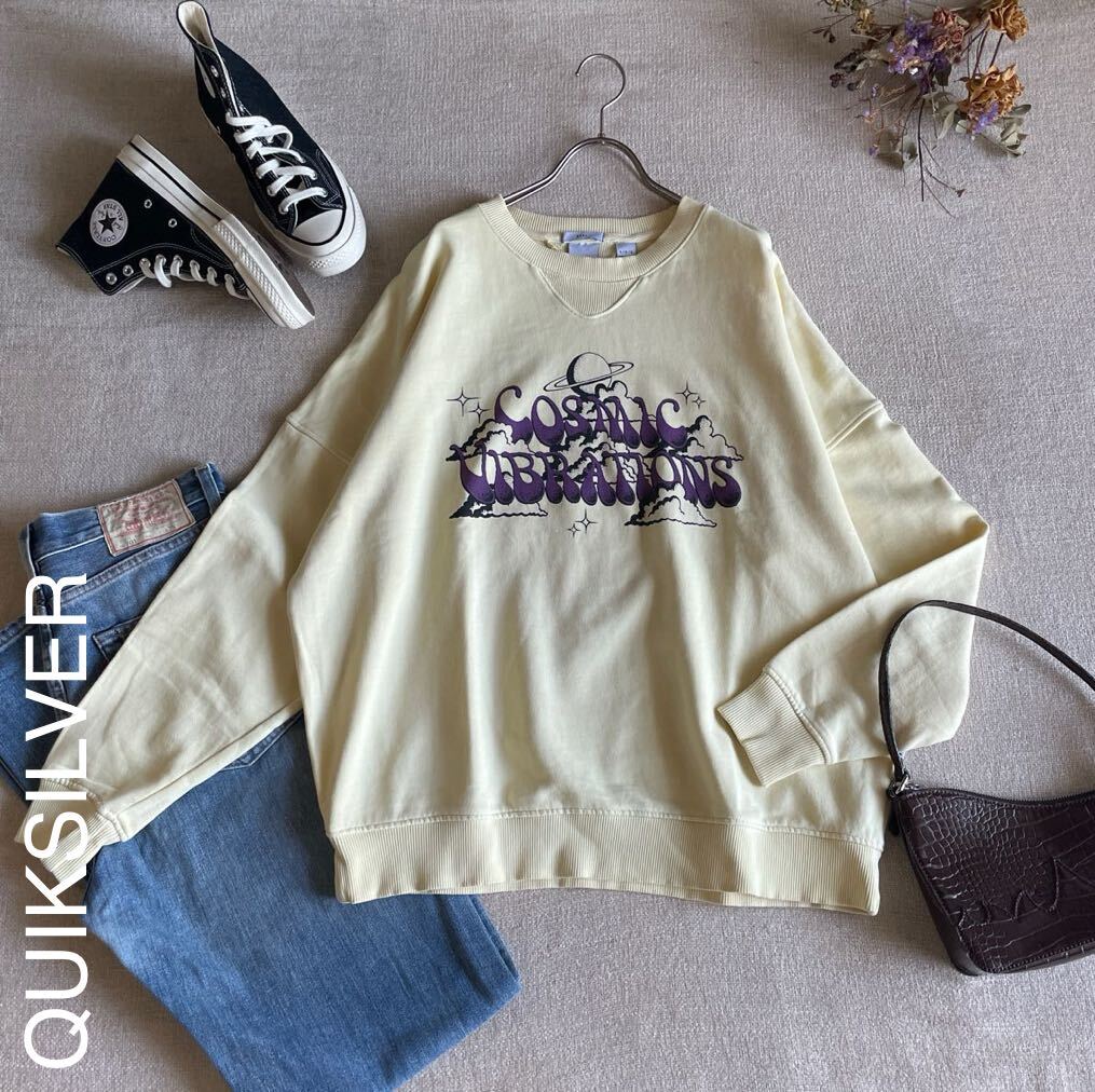 クイックシルバー スウェット トレーナー 長袖 レディースLサイズ 備品 イエロー クルーネック ロゴ QUIKSILVER womens カットソー拍卖