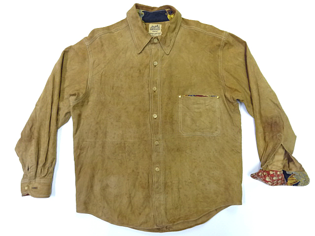 ビンテージ HERMES エルメス レア ベルギー製 ラムスキン ヌバック スエード レザー シャツ ジャケット スカーフ ライニング 革 鹿 54 茶 拍卖