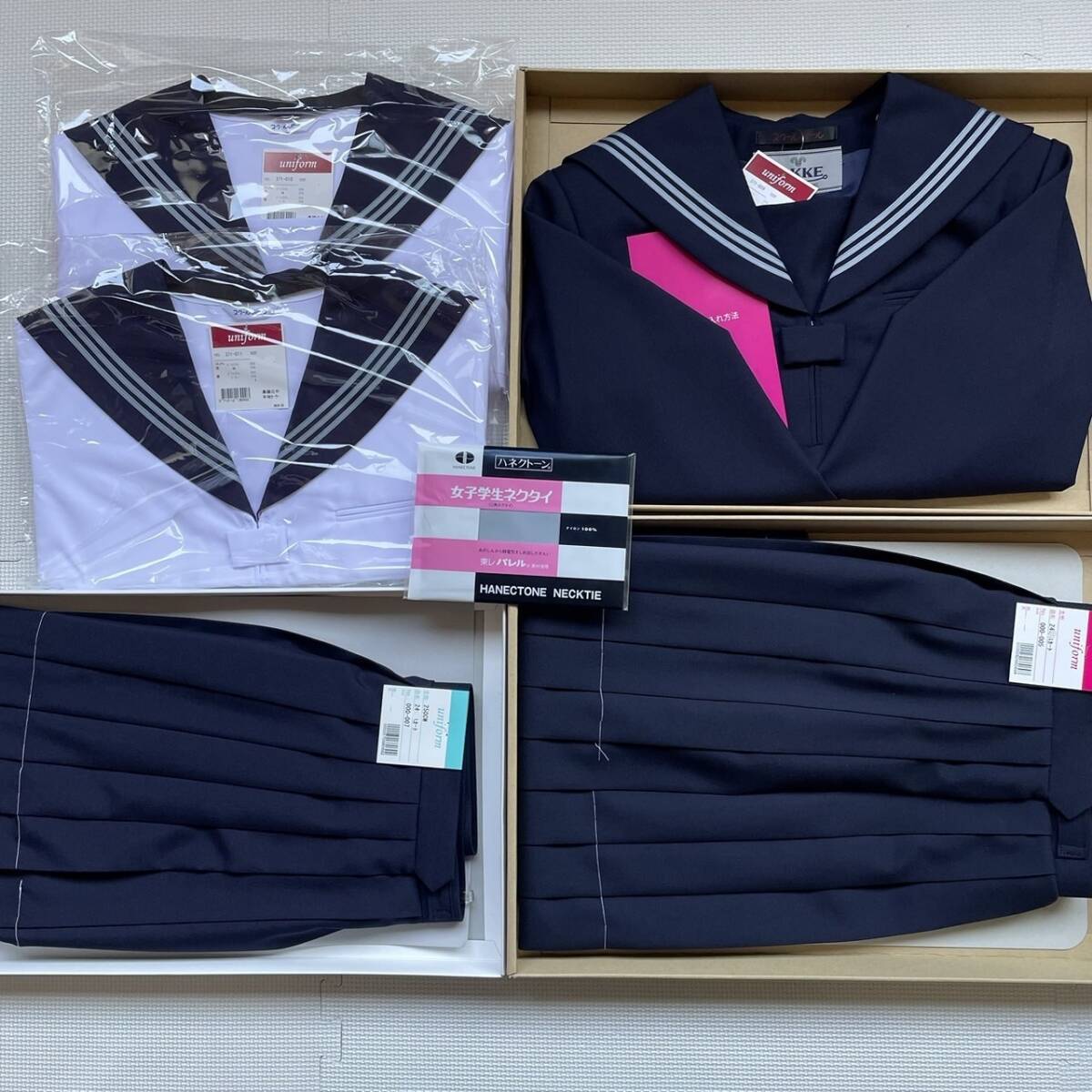 スクールパール 上下6点セット カブリセーラー服 グレー3本線 B体サイズ ハコスカート 冬服 夏服 新品 プリンセスライン 新品 中学 1拍卖