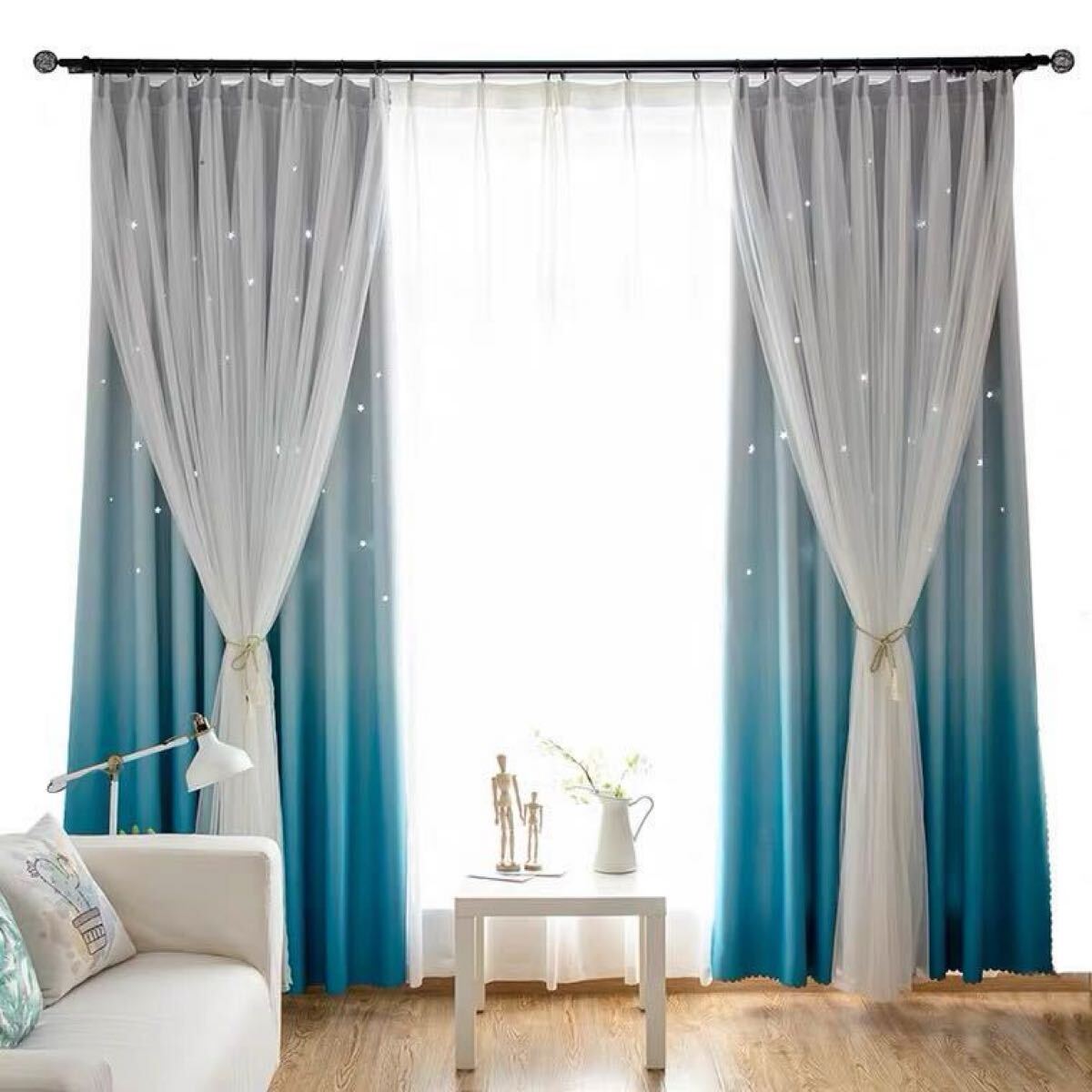 カーテン かわいい 姫 遮光カーテン 2枚組 両開き 可愛い 透かし彫り 星 おしゃれ 二重カーテン レース 星空 一体型カーテン 断熱 洗える拍卖