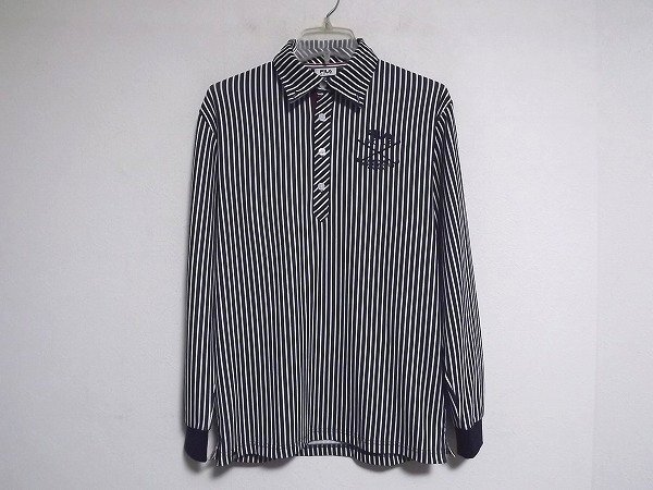 N7897:FILA GOLF(フィラ ゴルフ)長袖ポロシャツ ボタンダウン (ML4HM524)白×紺ストライプ柄/M:35拍卖