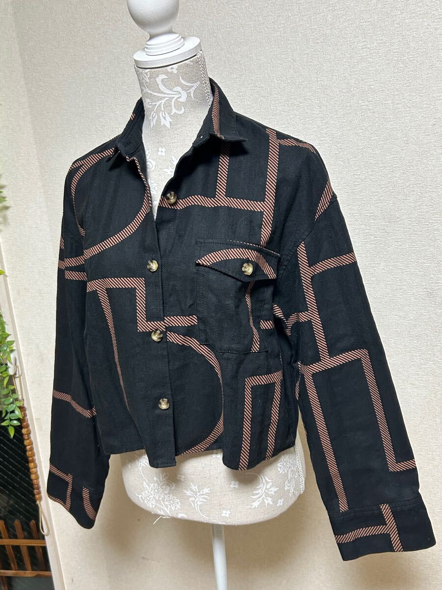 【 SLY★スライ】シャツジャケット・ショート丈シャツ・やや生地厚・麻混素材・ブラック/ブラウン・サイズ2拍卖