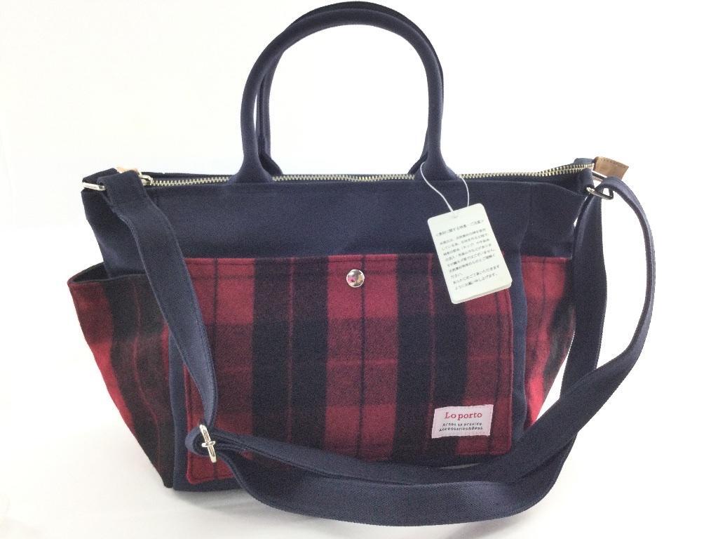 2wayバッグ Lo porto ルポルト 牛革 日本製 ショルダー ギンガムチェック柄 ネイビーxレッド拍卖