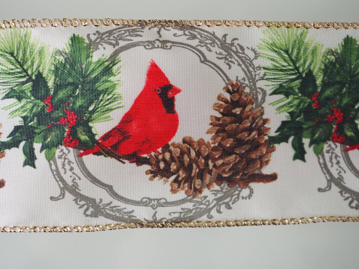 【カーディナル柄】ワイヤー入りリボン 赤い鳥 クリスマス リース ツリーデコレーション クラフト 218cm拍卖