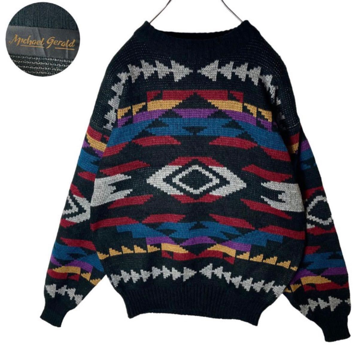 グッドデザイン古着!マルチカラーネイティブ総柄ブラックアクリルニット拍卖