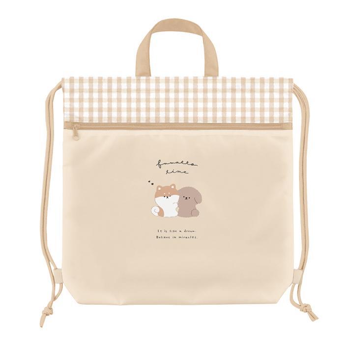 【即決】★ナップサック クラックス★フワットタイム柄 小学生 女の子 バッグ 犬 ベージュ 新入学 新学期 体操服袋 // 114274拍卖