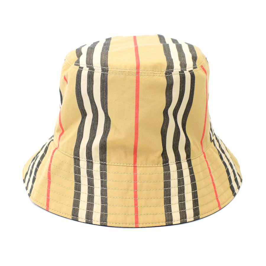 新品同様 バーバリー 帽子 アイコンストライプリバーシブルバケットハット A7468 ノバチェック コットン ベージュ Lサイズ BURBERRY拍卖