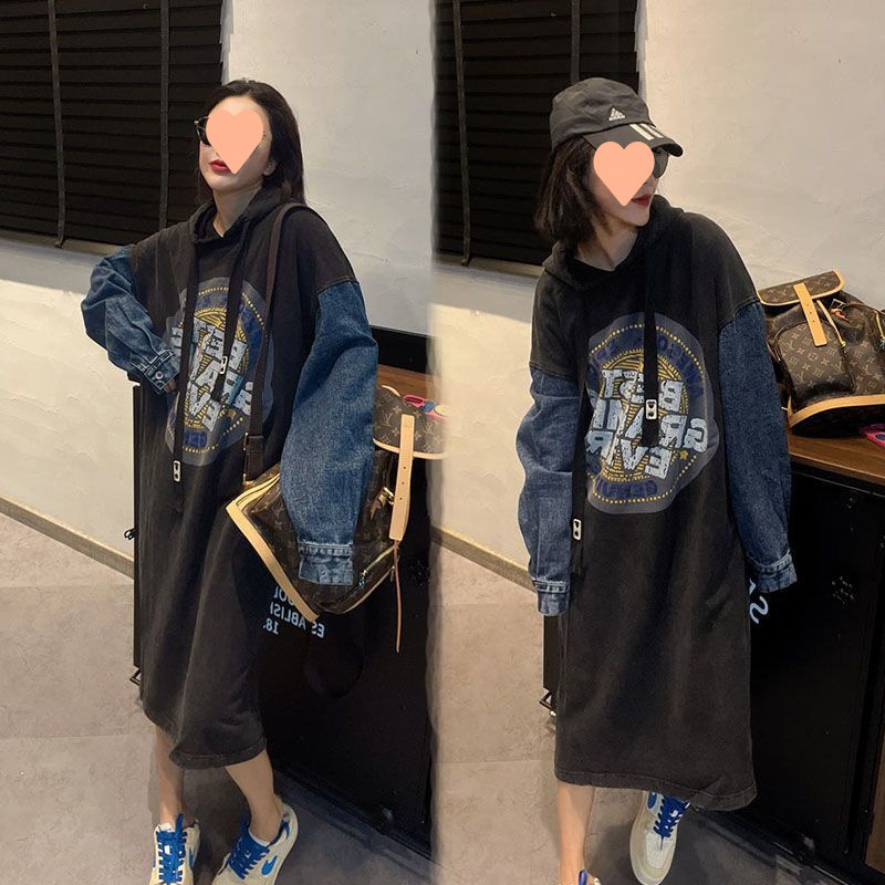 新入荷ワンピース 長袖 ロングワンピース ドッキングワンピース デニム トレーナーワンピース パーカー 春 秋 ロングワンピ L-4XL拍卖