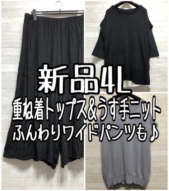 新品☆4L♪重ね着トップス&うす手ニット&ふんわりワイドパンツ☆f676拍卖