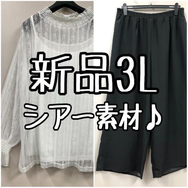 新品☆3L♪白系総レーストップス&黒系シフォンのワイドパンツ☆k705拍卖