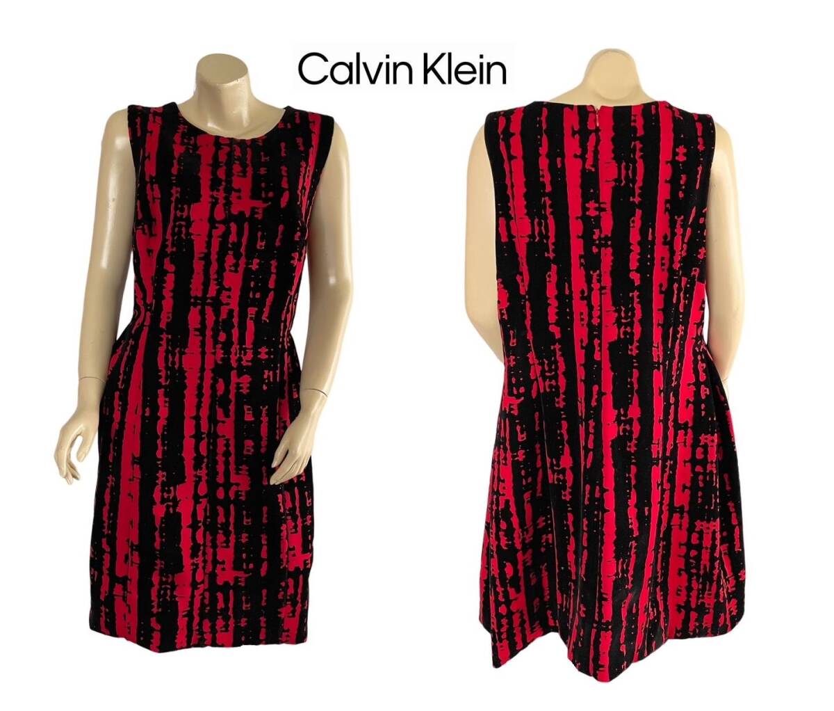 Calvin Klein カルバンクライン 大きいサイズ ブラック×レッド スエードタッチ ワンピース US:18W(3L~4L)拍卖