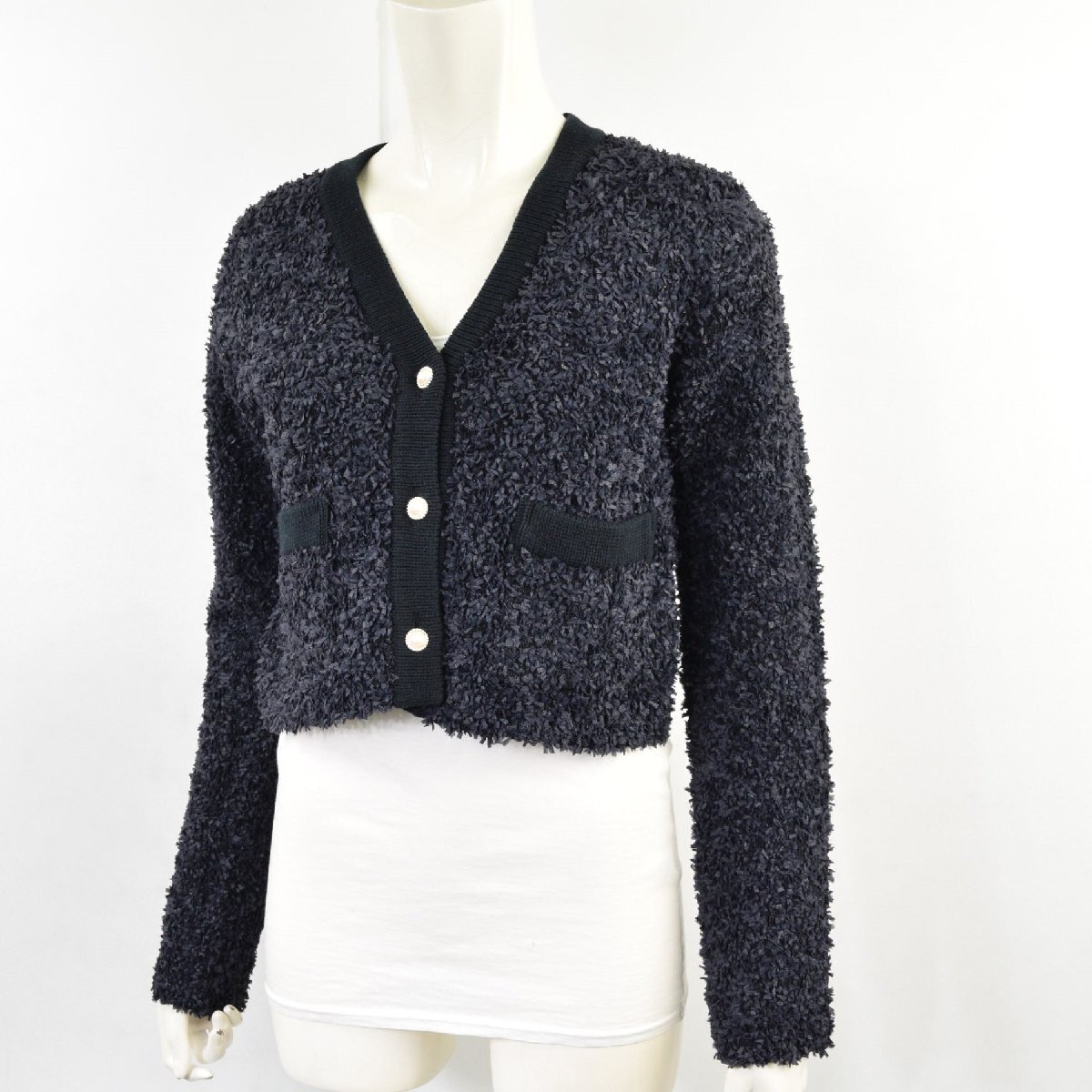 5000-II00401★ノーブル NOBL 新品タグ付き★リボンヤーンニットジャケット Vネックカーディガン F 紺ネイビー Spick&Span 定価24200円拍卖