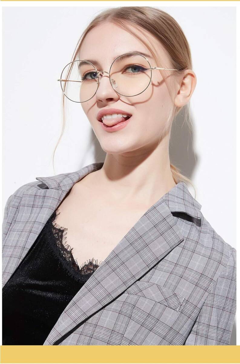 ★★大きめ 丸メガネ 華奢 ステンレス フレーム 伊達メガネ 眼鏡 サングラス (ゴールド)拍卖