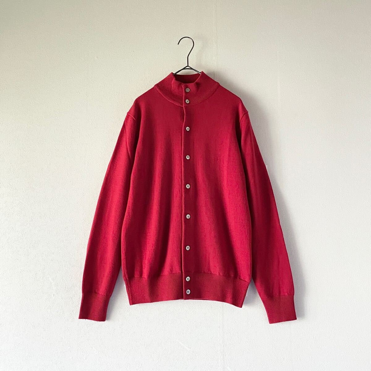 美品 EDIFICE エディフィス ウール100% スタンドカラー 無地 フロントボタン ニット カーディガン メンズ(38) 赤 レッド 毛拍卖