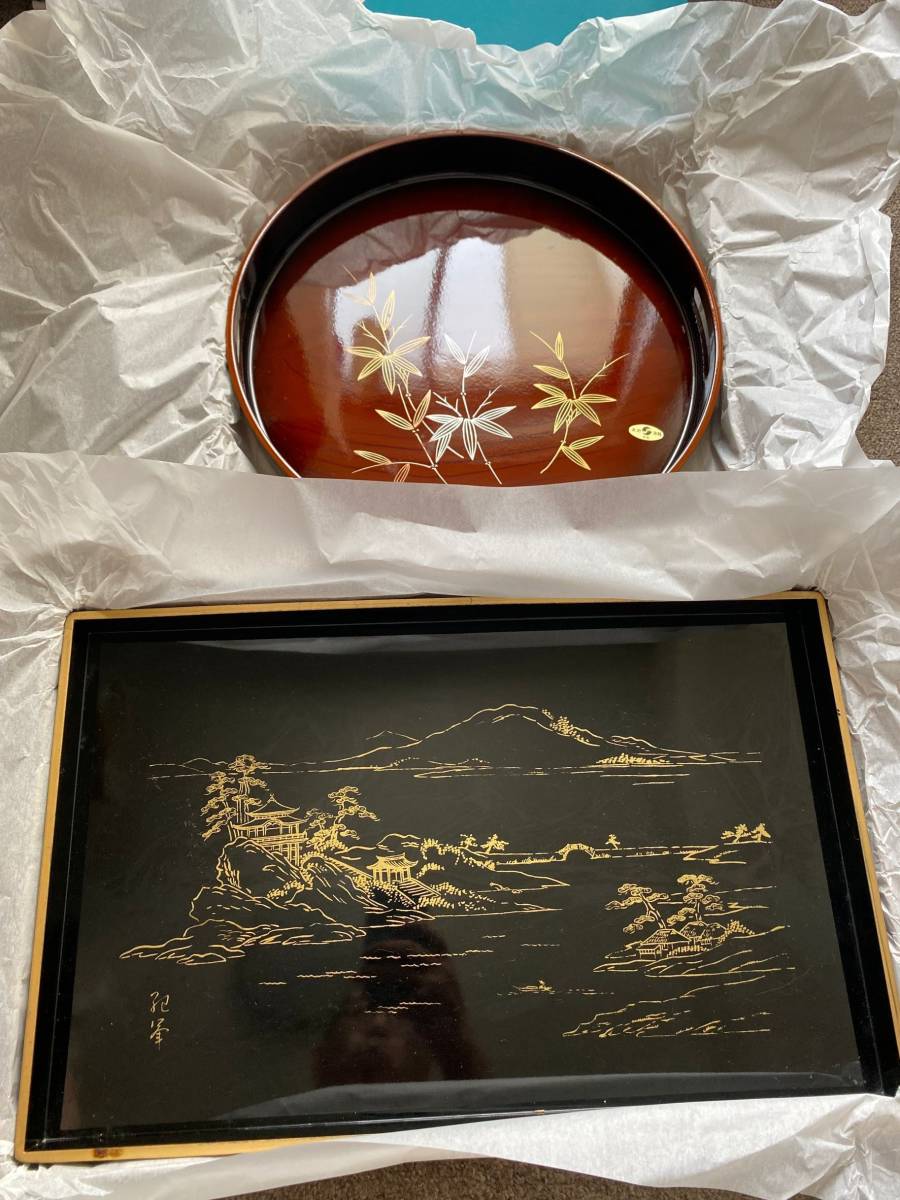 おぼん お皿 食器 大皿 花柄 トレー 山水風景 美術漆器 紀文 盆 丸盆 未使用 美品拍卖