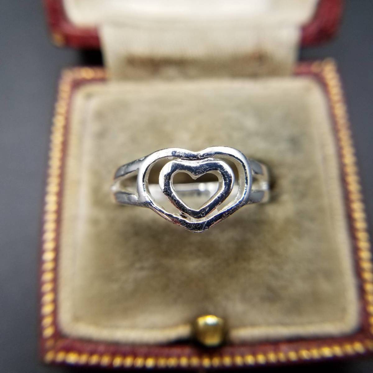 ダブルハート フレーム ヴィンテージ リング シルバープレート 指輪 レトロ 定番 フェミニン YMG拍卖