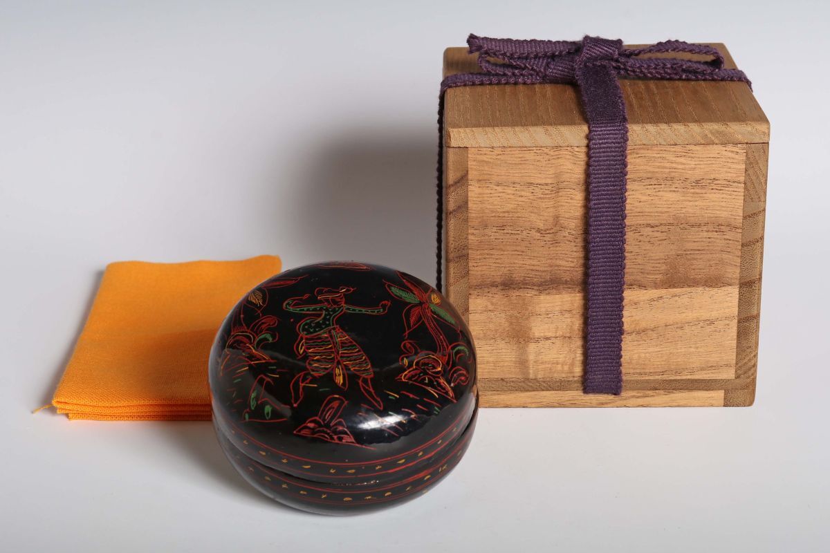 9019 東南アジア 蒟醤蓋物(木箱付) 径約7.2cm 茶入 茶道具 タイ ミャンマー(ビルマ)古蒟醤 檳榔子(ビンロウジ) 蒟醤 キンマ塗 漆細工拍卖
