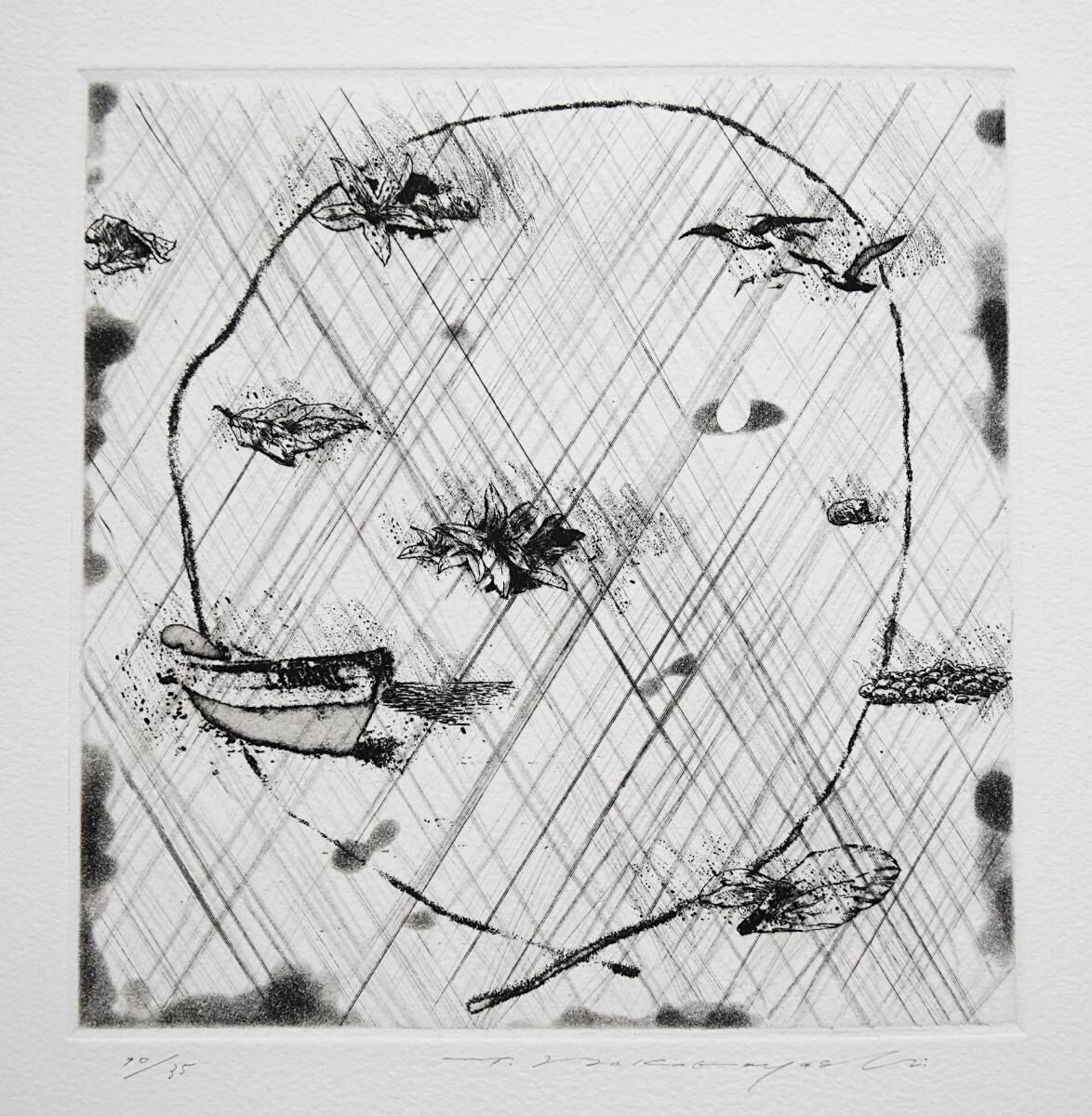 【真作】中林忠良 銅版画『雨:今日も雨またあしたも雨』(大腐爛頌より) 金子光晴=詩 限定35部 1975年 直筆サイン入 ●小山田圭吾拍卖