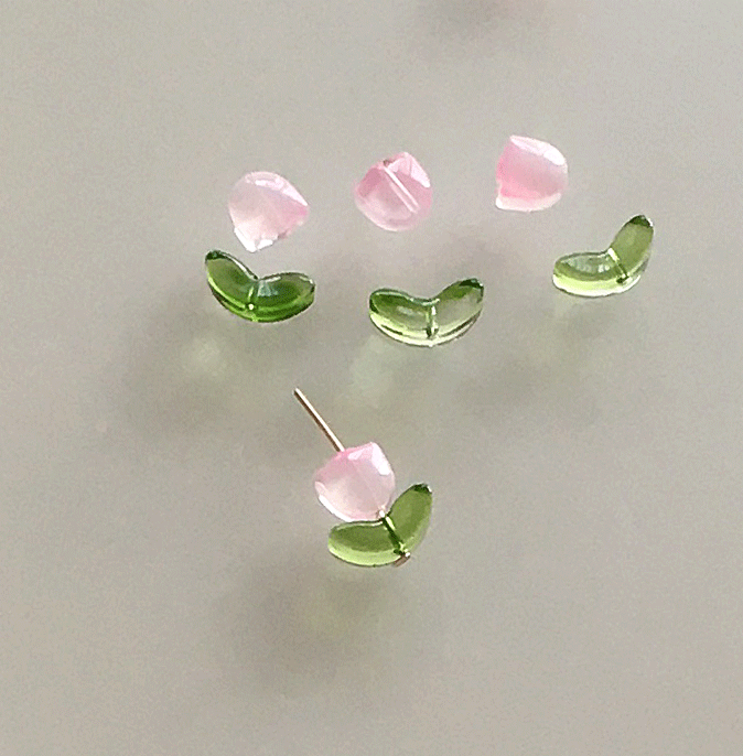 ガラスフラワー/チューリップ【ピンク花+緑葉】10セットで150円拍卖