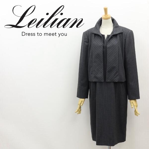 美品◆Leilian レリアン ピンストライプ柄 ウール ワンピース&ジャケット アンサンブル セットアップ グレー 9拍卖