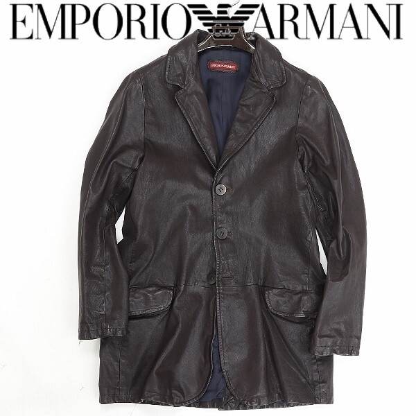 ◆EMPORIO ARMANI エンポリオ アルマーニ 山羊革 ゴートレザー 3釦 ジャケット ダークブラウン 50拍卖